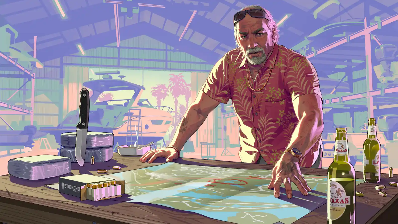 GTA 6, personaggio davanti a una mappa con armi e munizioni