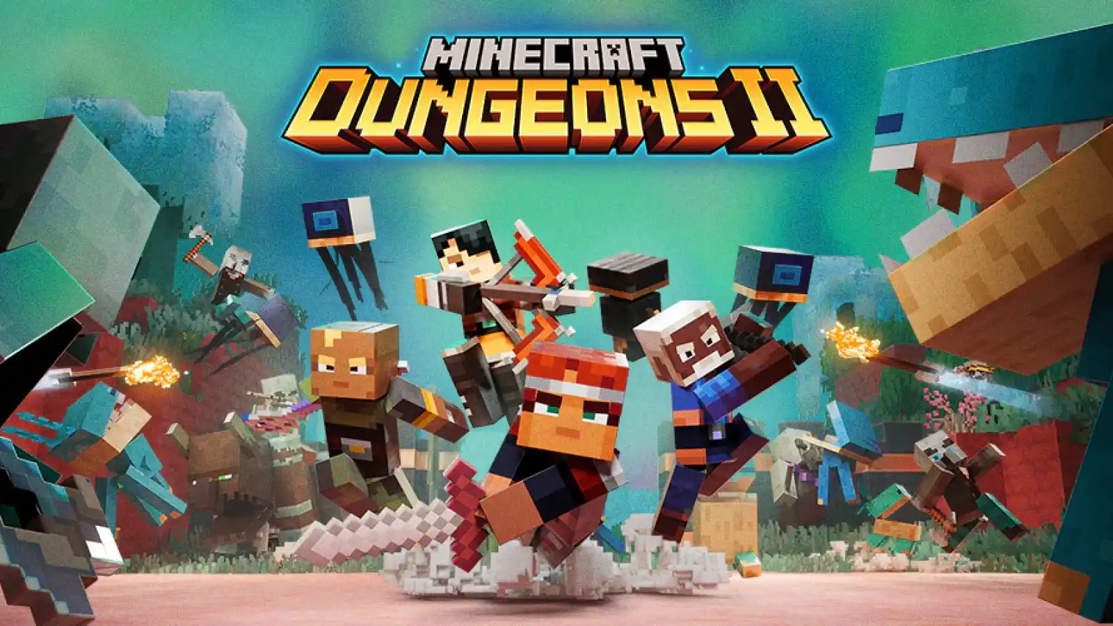 Minecraft Dungeons II con gli eroi protagonisti e il logo ufficiale