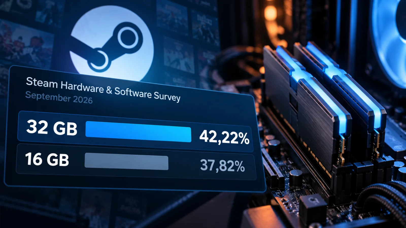 Steam Hardware Survey di settembre 2026 con 32 GB di RAM al 42,22% davanti ai 16 GB